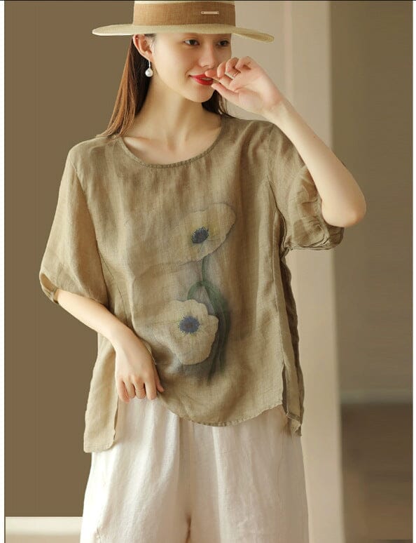 Summer Retro Flower Print Loose Linen T-Shirt Half Sleeve