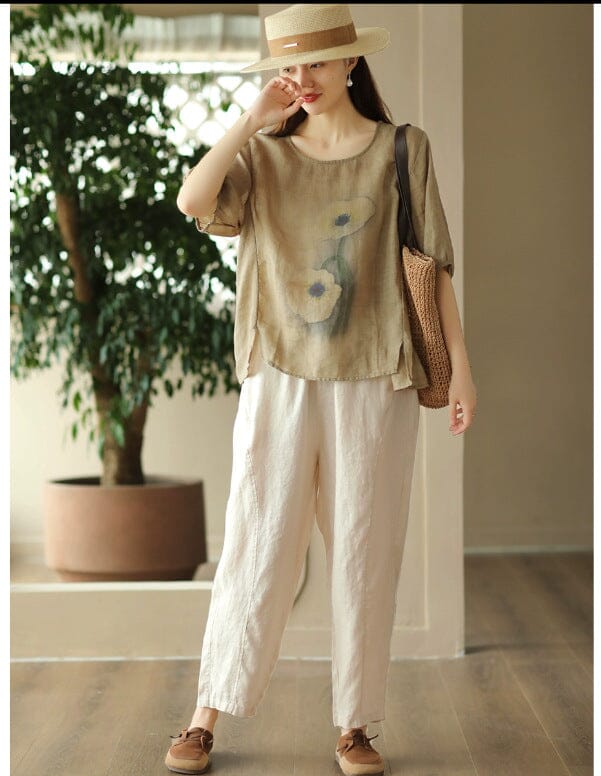 Summer Retro Flower Print Loose Linen T-Shirt Half Sleeve