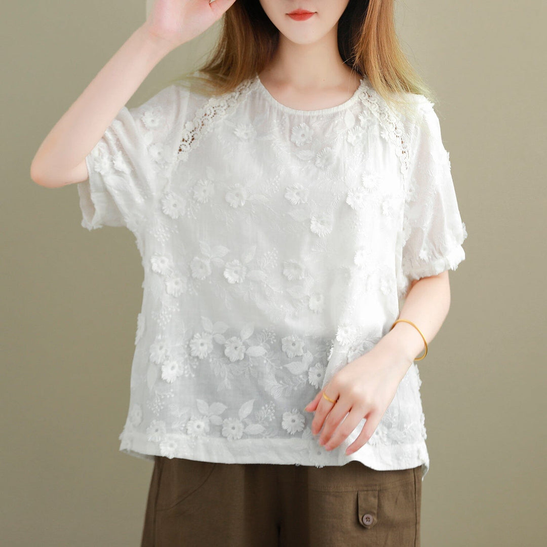 Summer Retro Casual Solid Floral Embroidery Tops