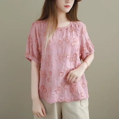 Summer Retro Casual Solid Floral Embroidery Tops