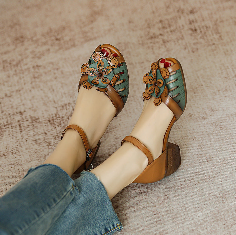 Summer Retro Color Matching Leather Wedge Sandals