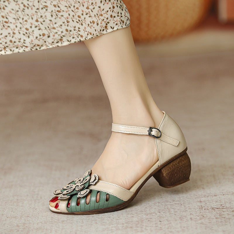 Summer Retro Color Matching Leather Wedge Sandals