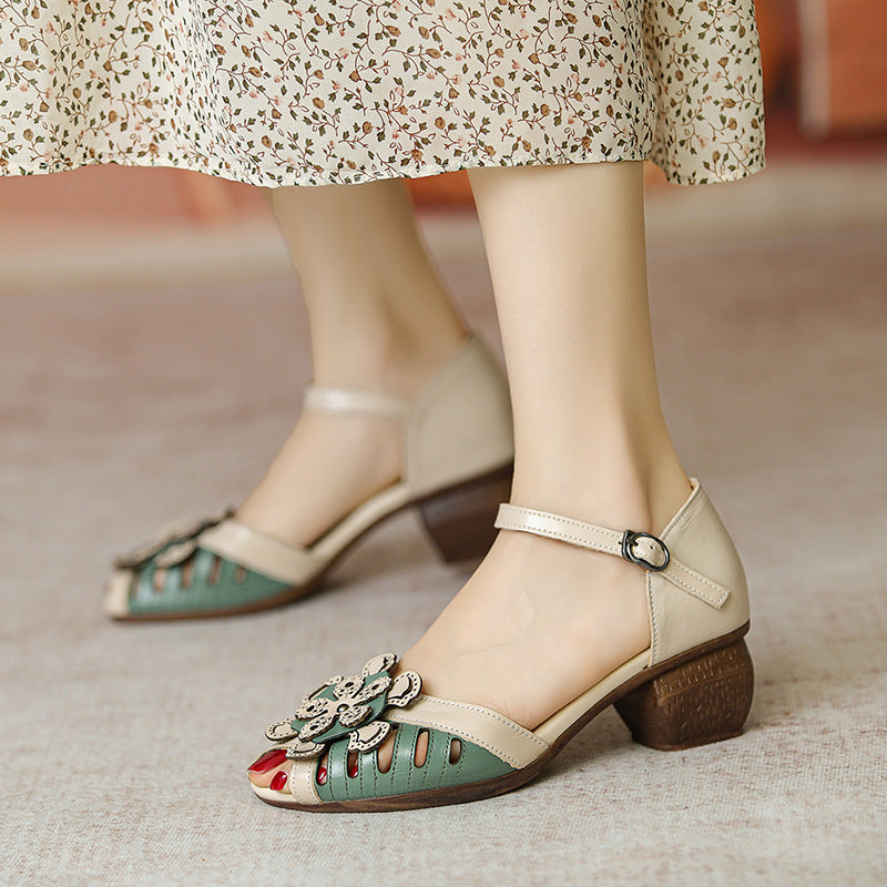 Summer Retro Color Matching Leather Wedge Sandals