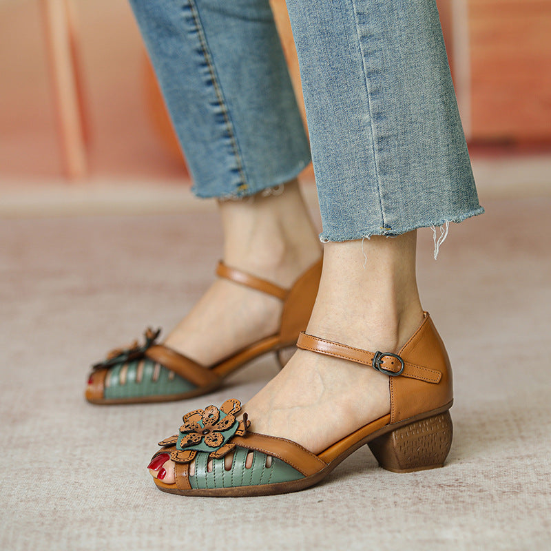 Summer Retro Color Matching Leather Wedge Sandals