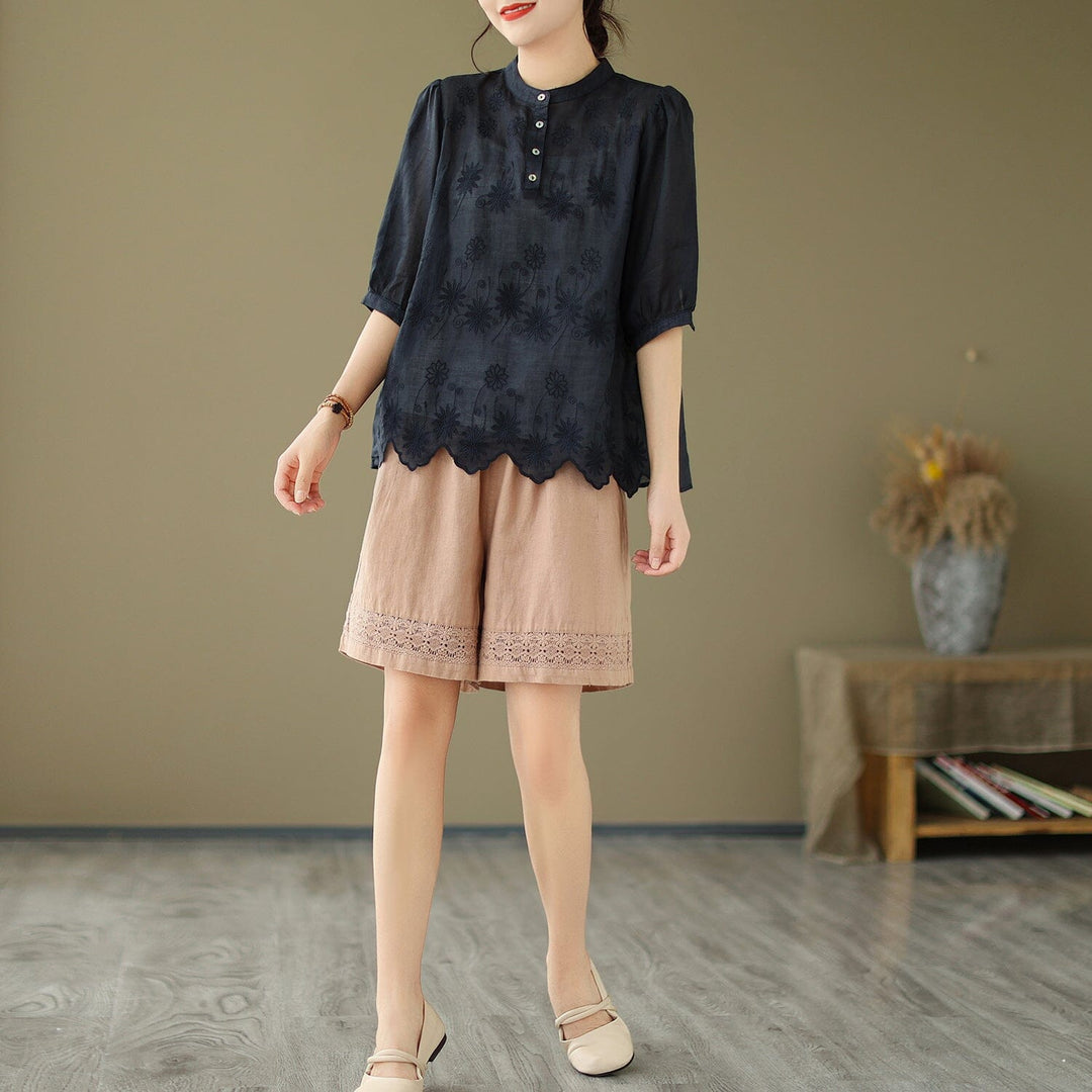 Summer Retro Embroidery Casual Linen T-Shirt