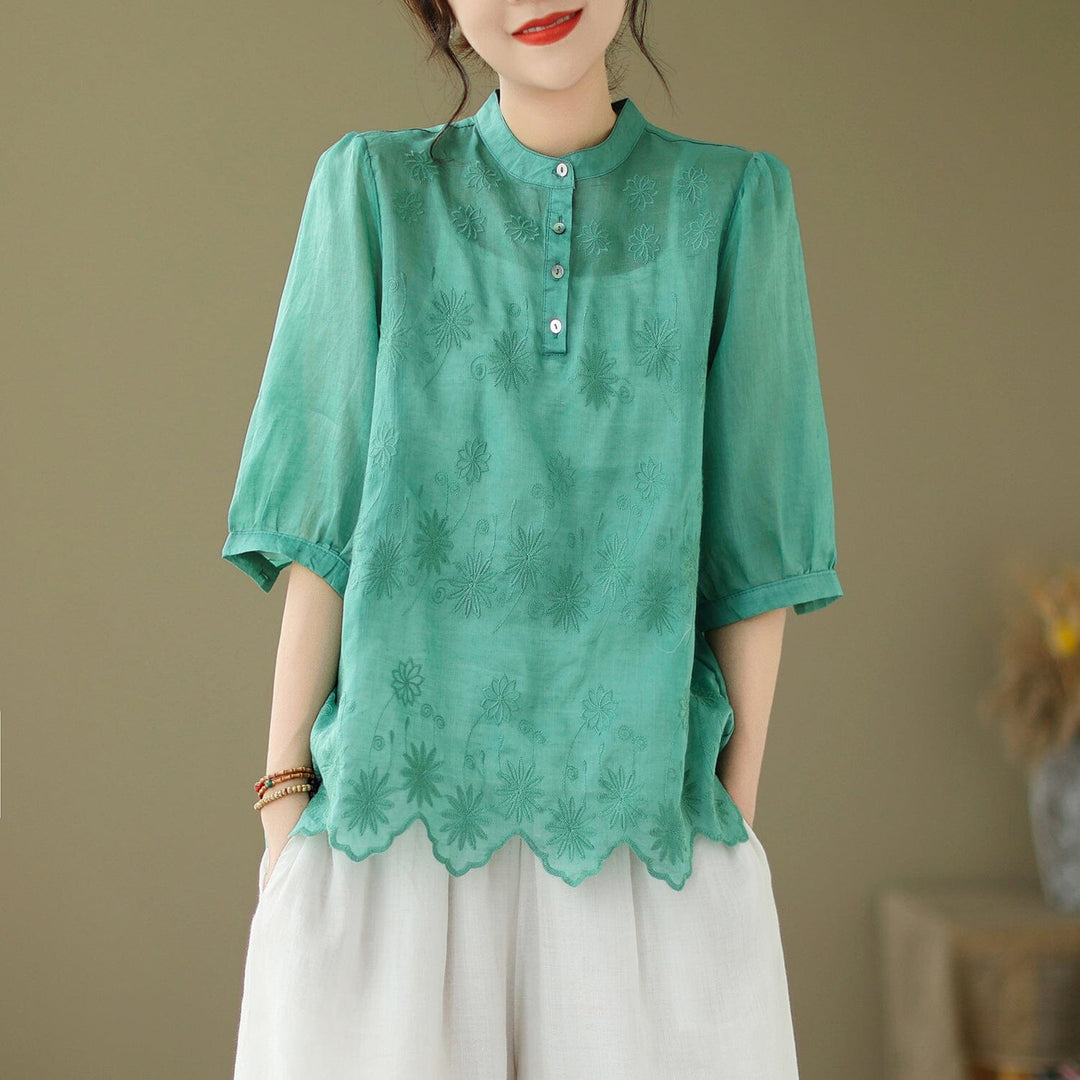 Summer Retro Embroidery Casual Linen T-Shirt