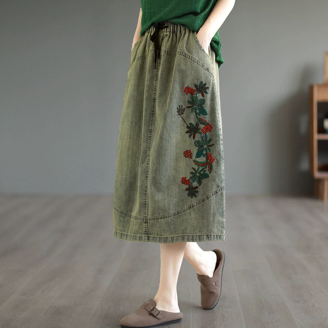 Green Summer Retro Embroidery Cotton Denim Skirt