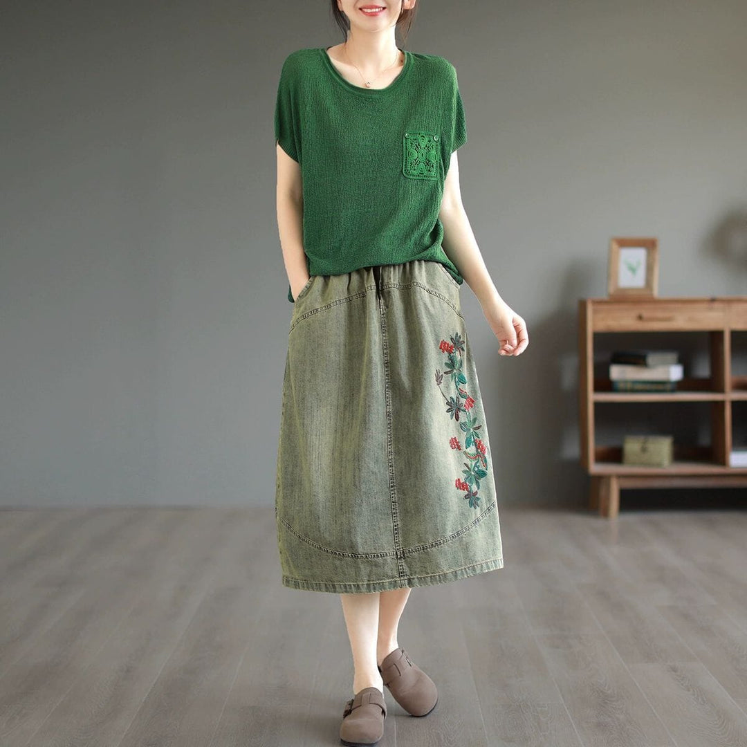 Green Summer Retro Embroidery Cotton Denim Skirt