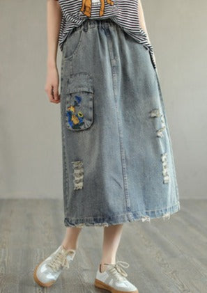 Summer Retro Embroidery Ripped Cotton Denim Skirt