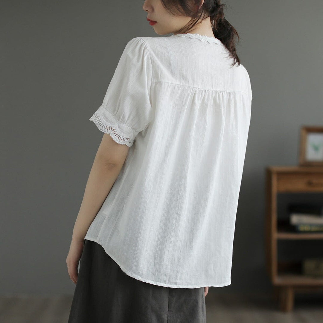 Summer Retro Embroidery Solid Loose Casual Blouse