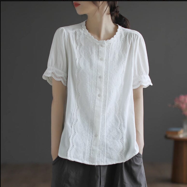 Summer Retro Embroidery Solid Loose Casual Blouse