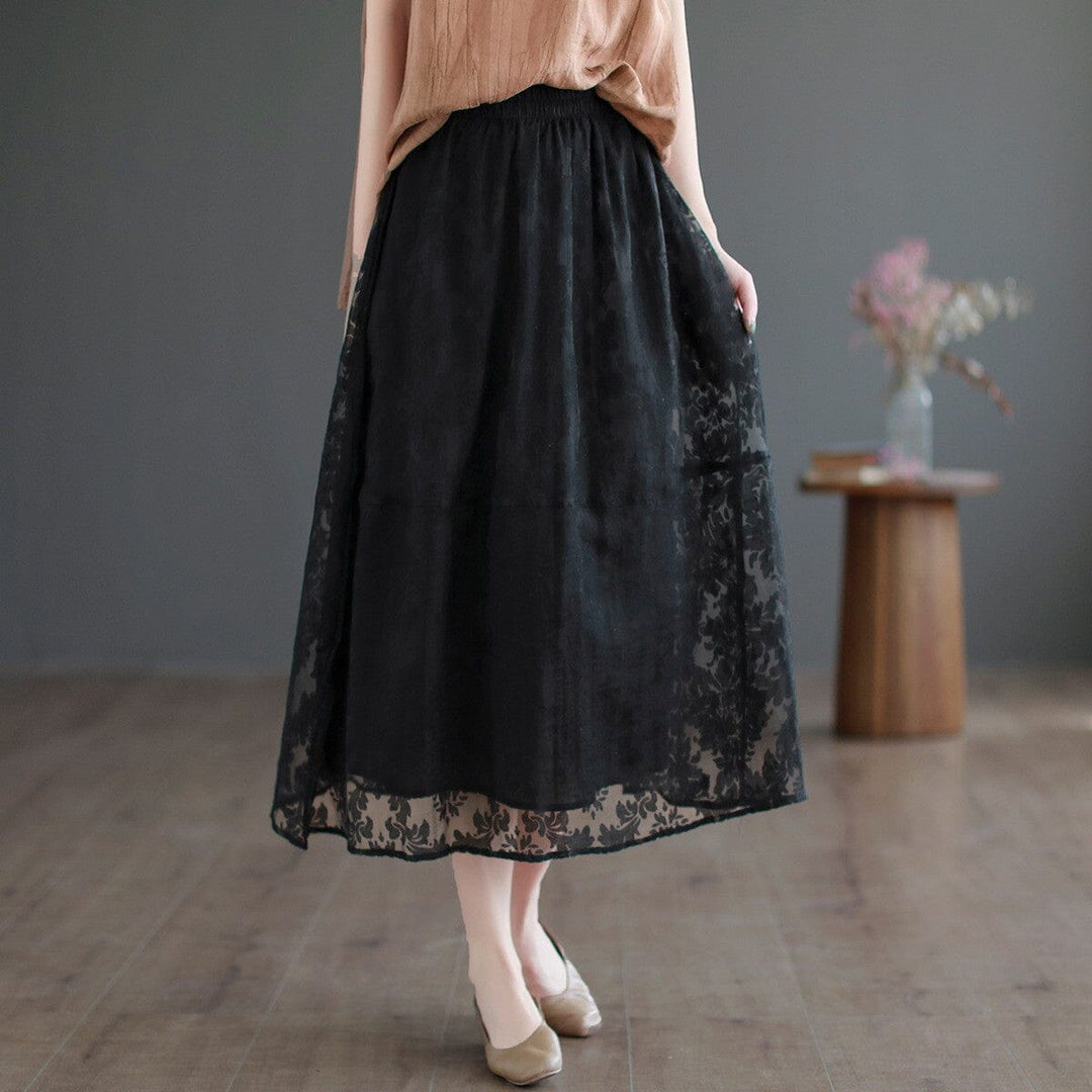 2023 Women Retro Figured Mesh Cotton Linen Skirt