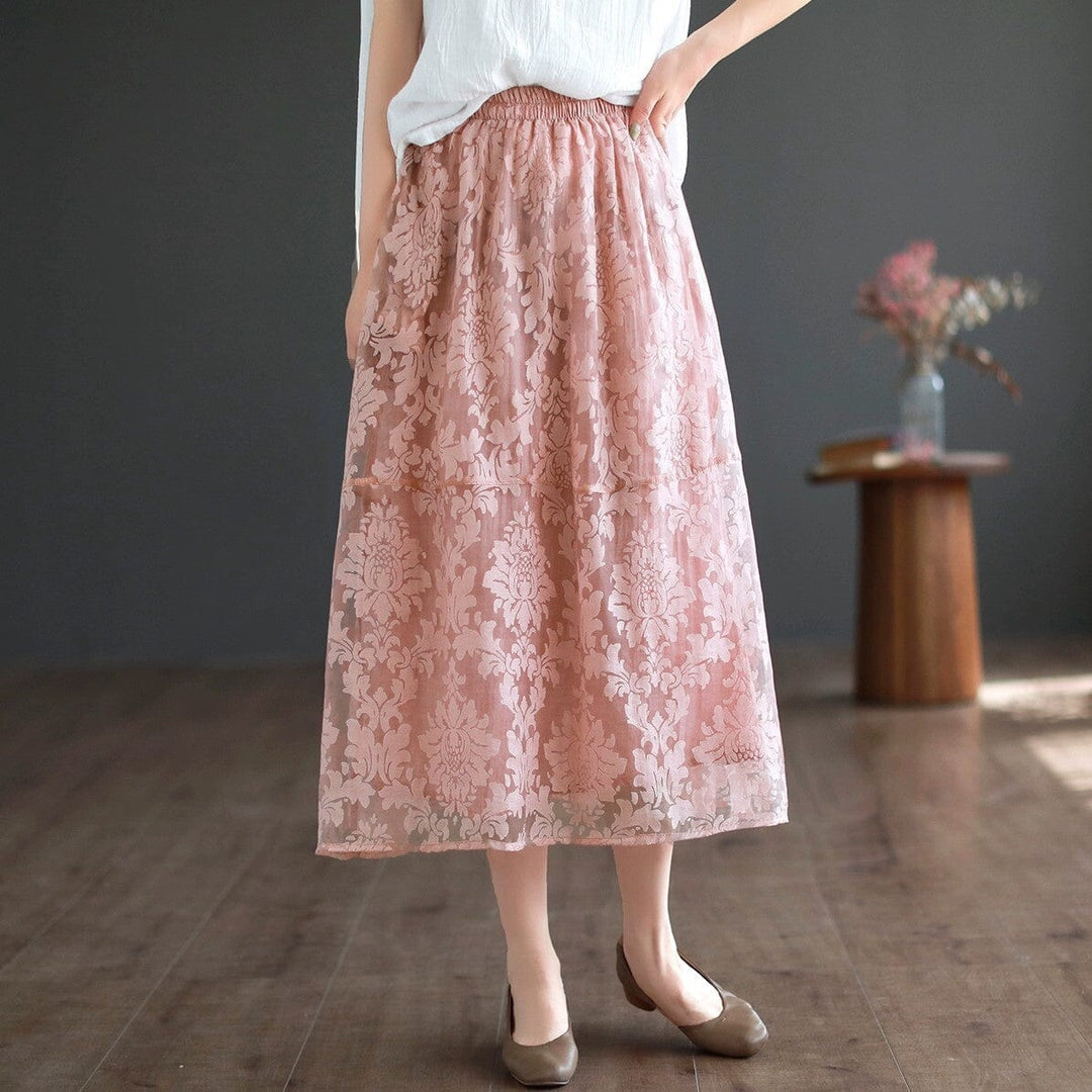 2023 Women Retro Figured Mesh Cotton Linen Skirt