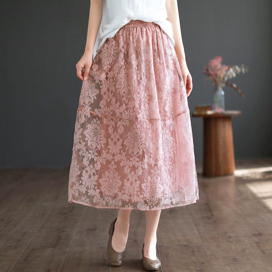 2023 Women Retro Figured Mesh Cotton Linen Skirt