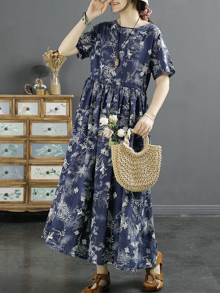Women Retro Blue Floral Print Cotton Linen Dress