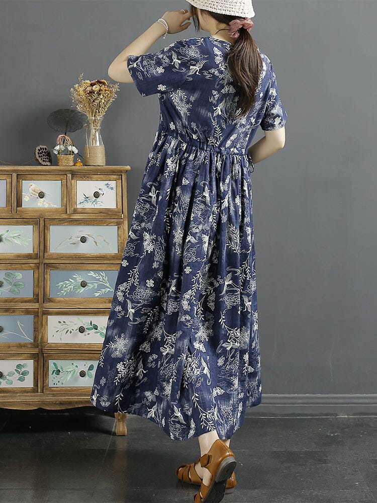 Women Retro Blue Floral Print Cotton Linen Dress