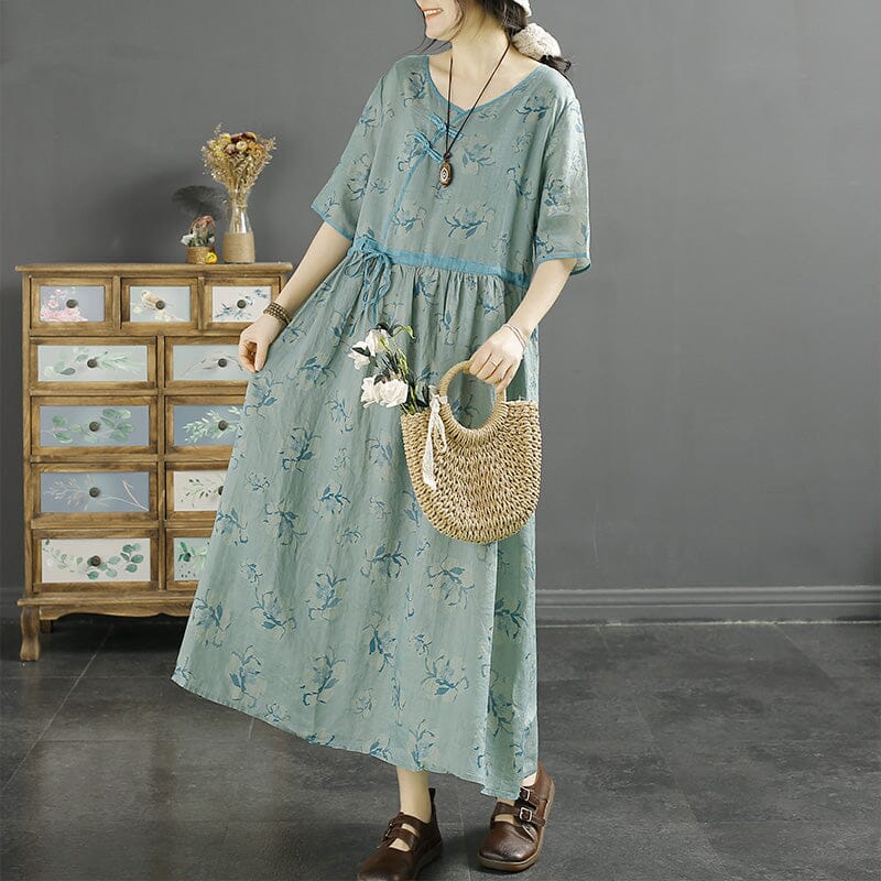 Summer Retro Floral Loose Casual Linen Dress