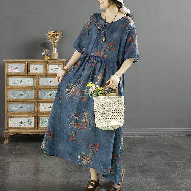 Summer Retro Floral Loose Casual Linen Dress