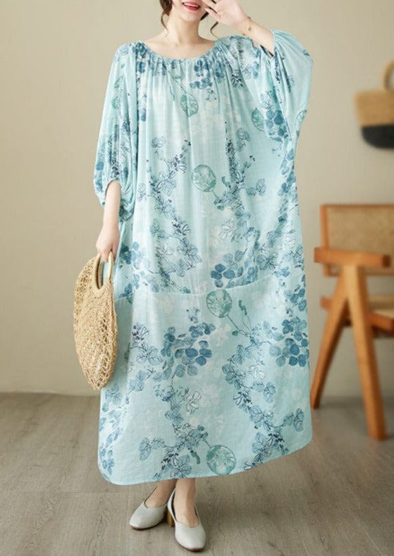 Women Retro Blue Floral Print Cotton Dress Summer