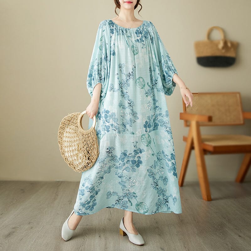 Women Retro Blue Floral Print Cotton Dress Summer