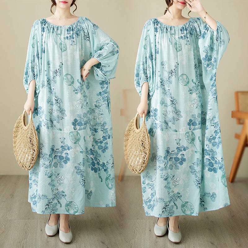 Women Retro Blue Floral Print Cotton Dress Summer