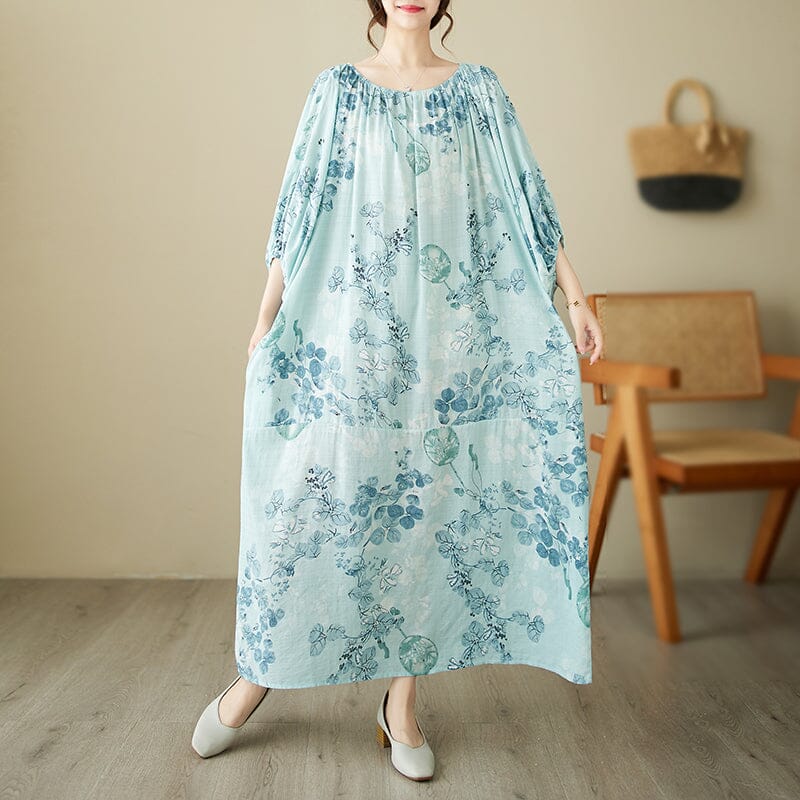 Women Retro Blue Floral Print Cotton Dress Summer