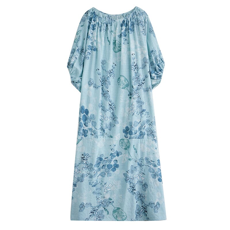 Women Retro Blue Floral Print Cotton Dress Summer