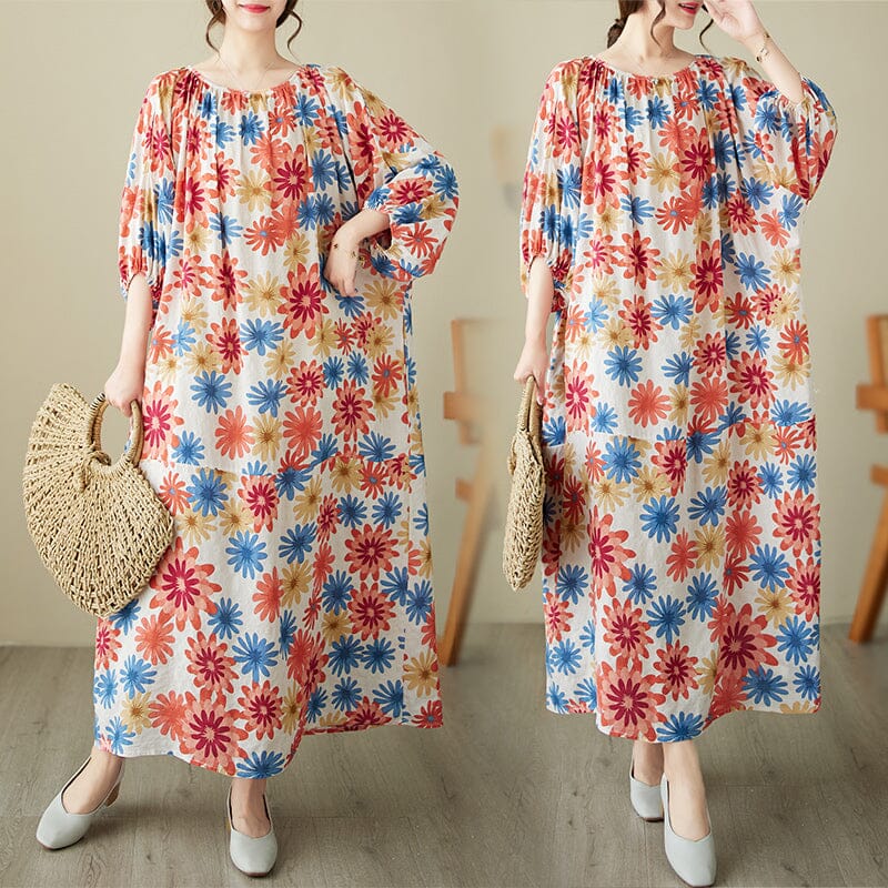 Women Casual Summer Retro Floral Print Dress Half Sleeve