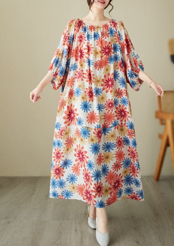 Women Casual Summer Retro Floral Print Dress Half Sleeve