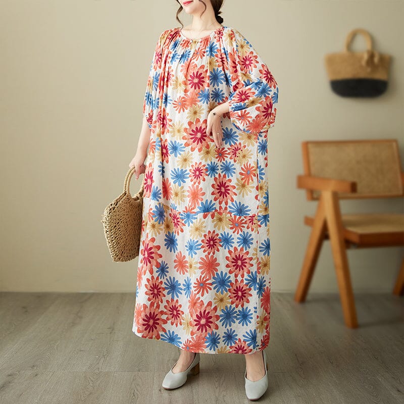 Women Casual Summer Retro Floral Print Dress Half Sleeve