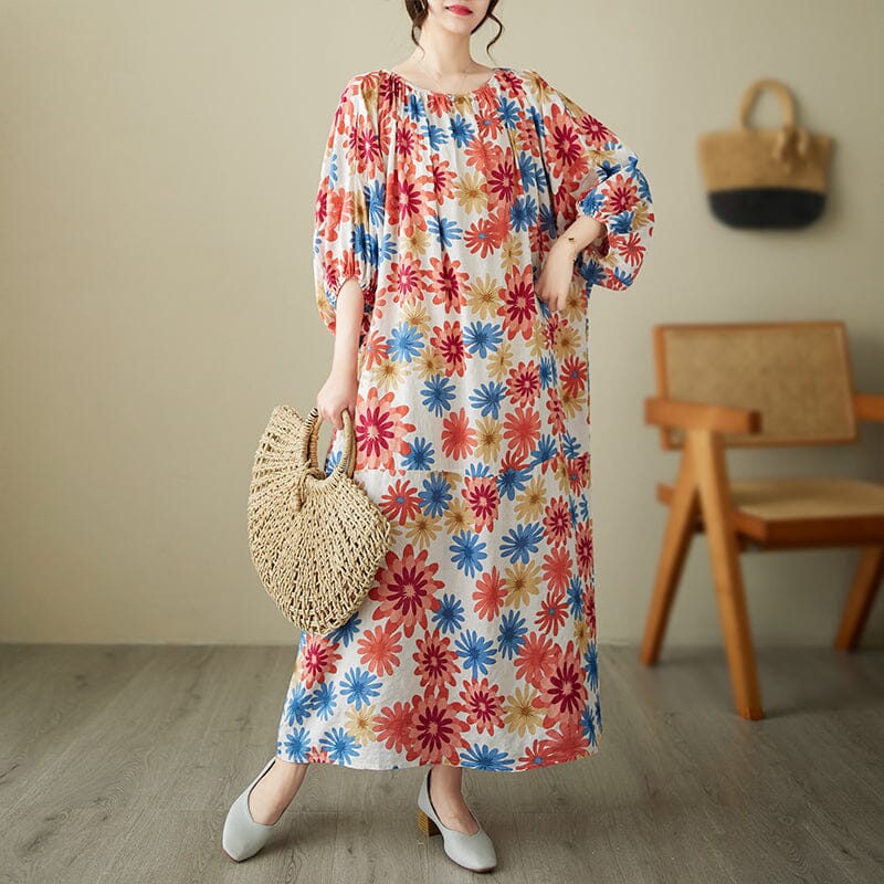 Women Casual Summer Retro Floral Print Dress Half Sleeve
