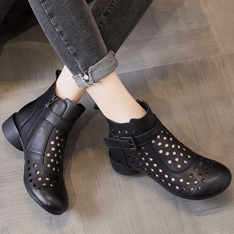 Summer Retro Hollow Leather Low Heels Boots