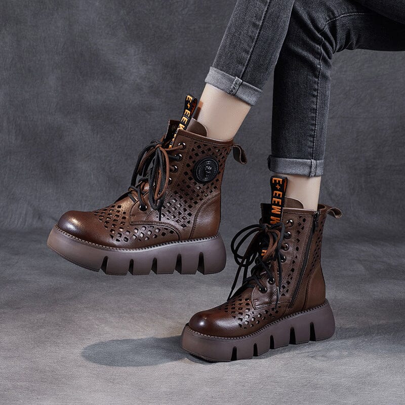 Summer Retro Hollow Leather Platform Boots