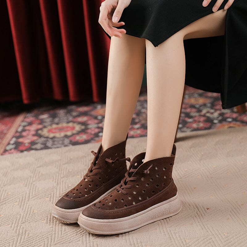 Summer Retro Leather Lace Up Thick Soled Boots