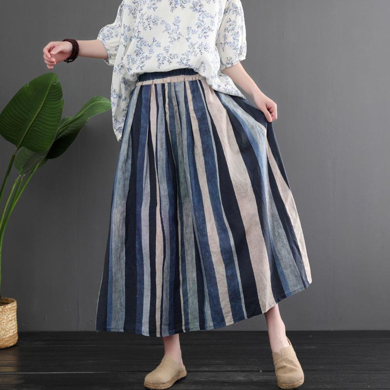 Women Retro Linen Color Matching Stripes Skirt