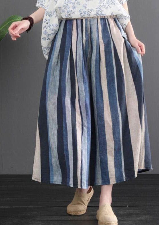 Women Retro Linen Color Matching Stripes Skirt
