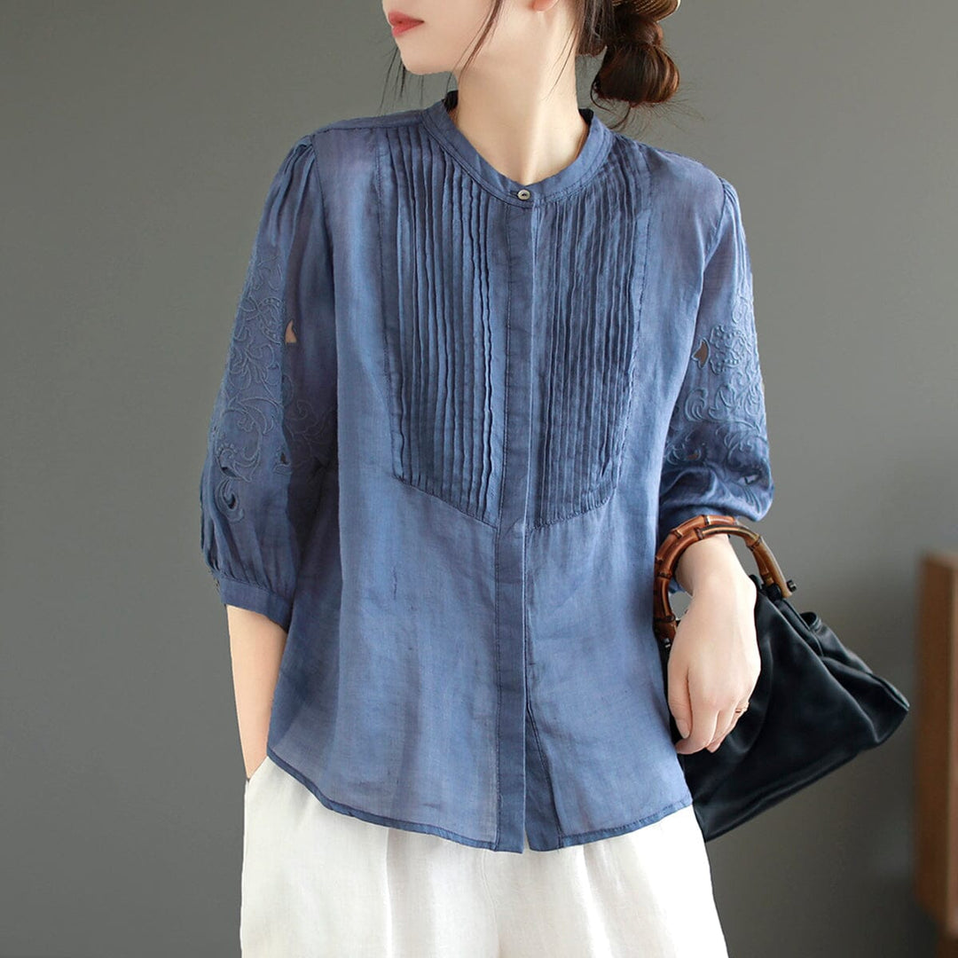 Summer Retro Linen Embroidery Pleated Blouse