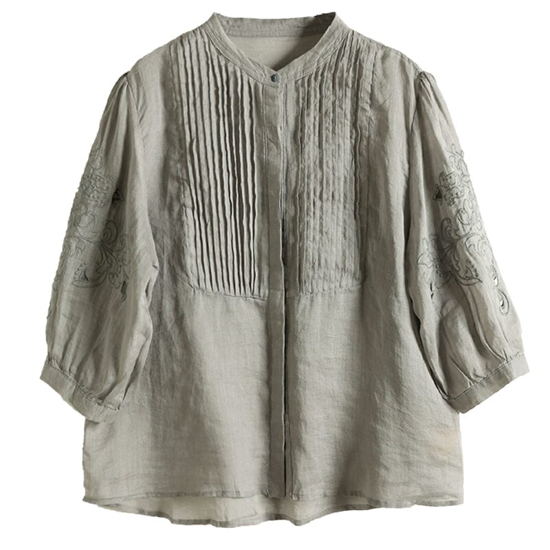 Summer Retro Linen Embroidery Pleated Blouse