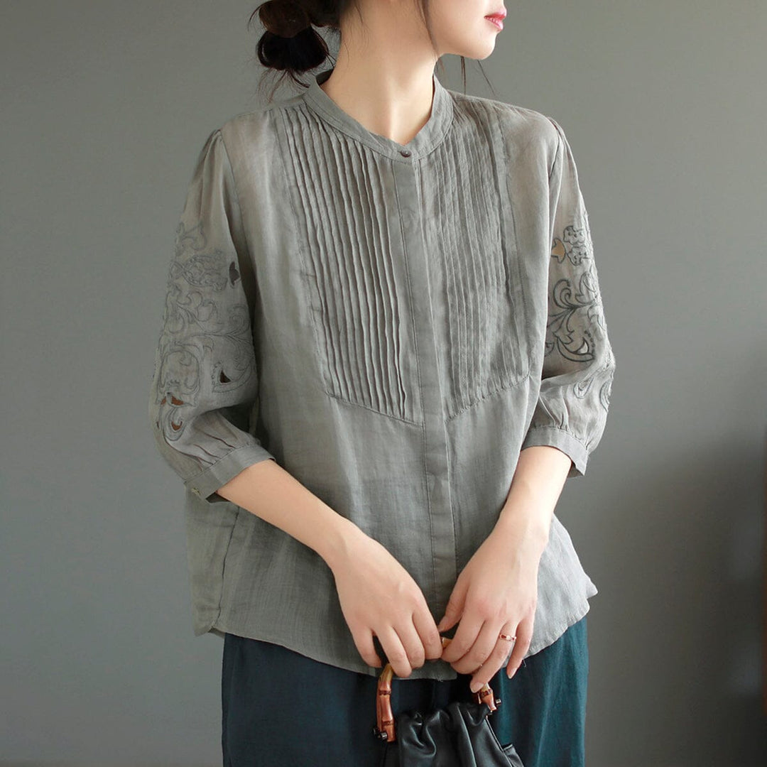 Summer Retro Linen Embroidery Pleated Blouse