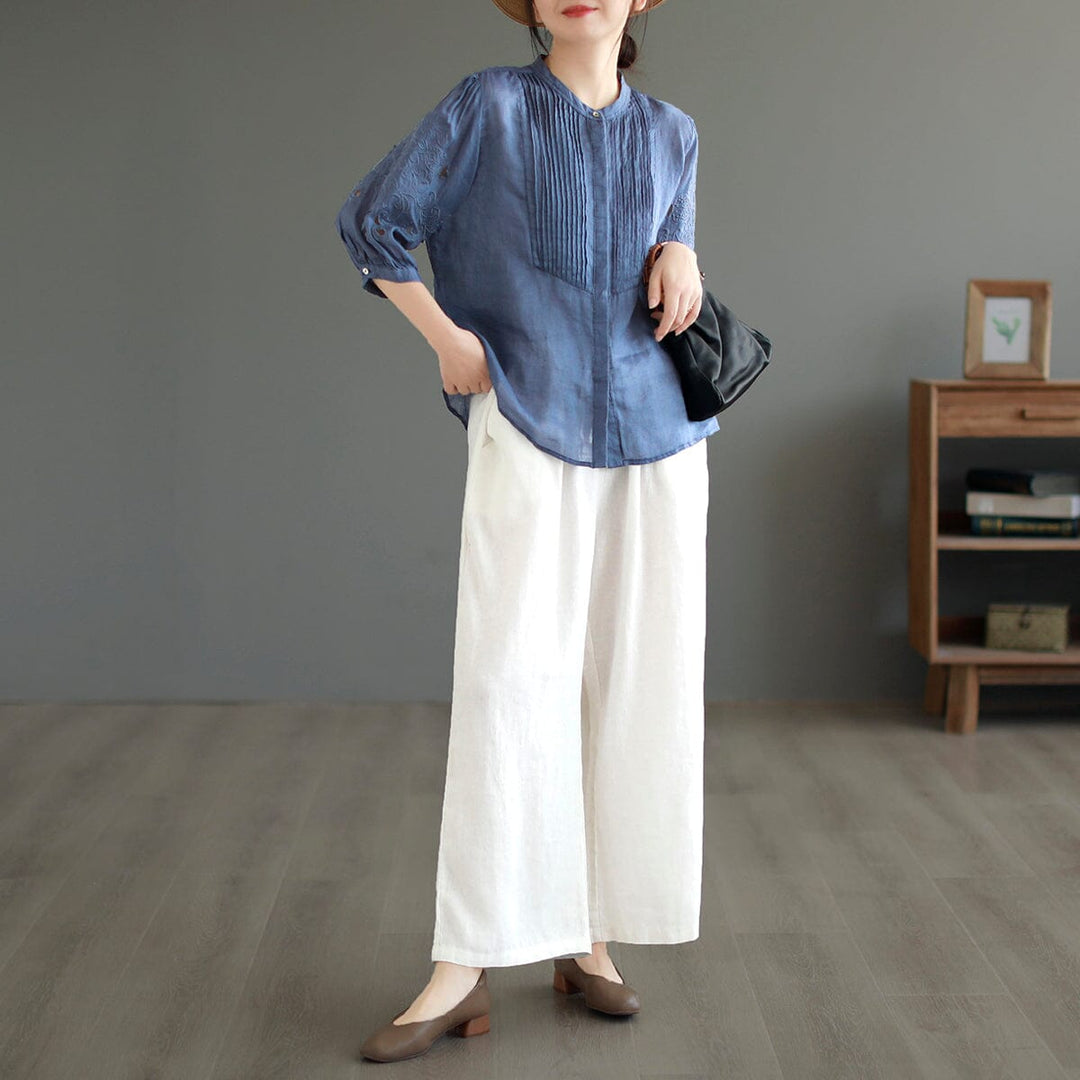 Summer Retro Linen Embroidery Pleated Blouse