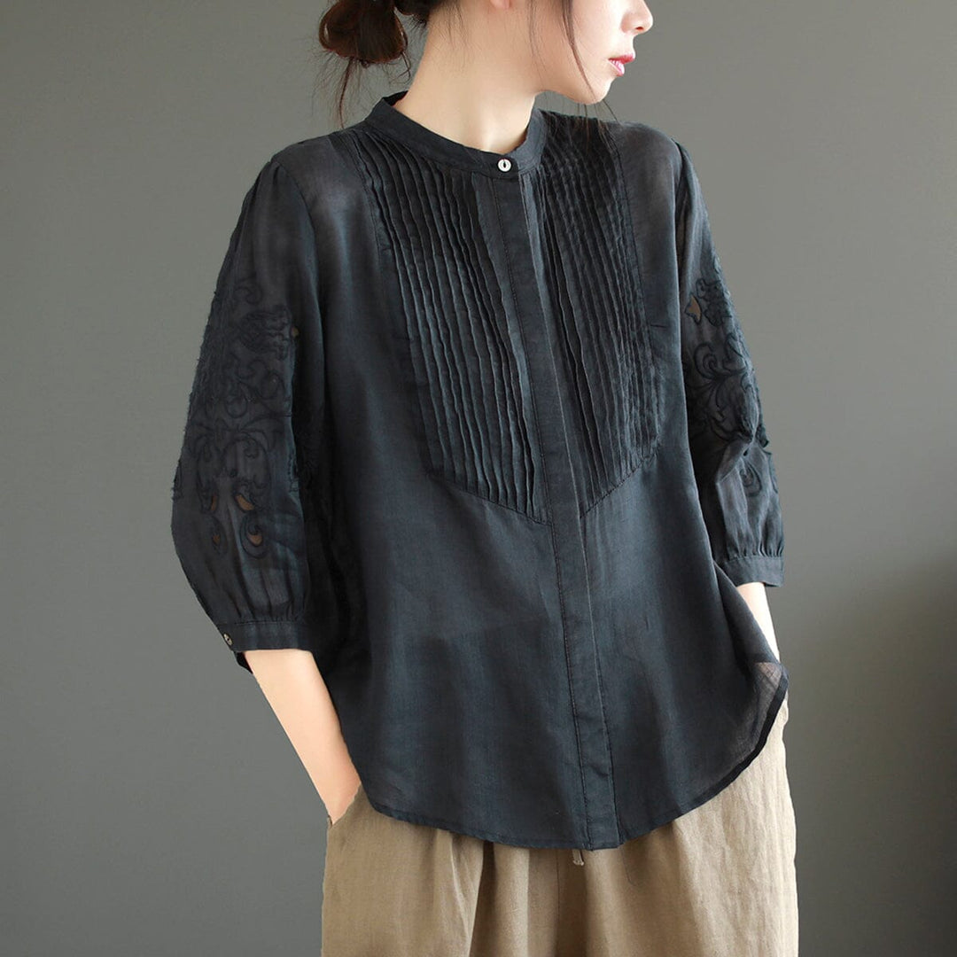 Summer Retro Linen Embroidery Pleated Blouse