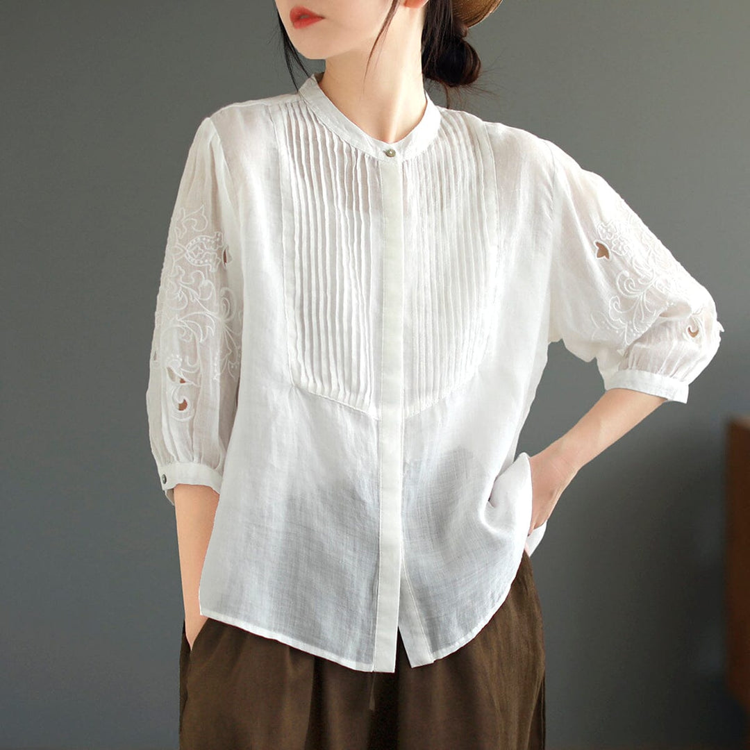 Summer Retro Linen Embroidery Pleated Blouse