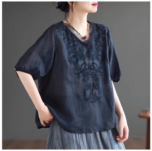 Summer Retro Loose Linen Embroidery V-Neck Shirt