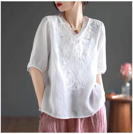 Summer Retro Loose Linen Embroidery V-Neck Shirt