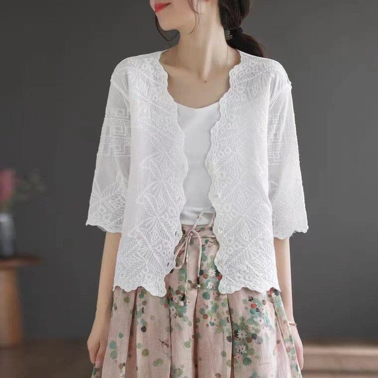 Casual Retro Patchwork Embroidery Patchwork Cotton Blouse