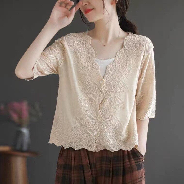 Casual Retro Patchwork Embroidery Patchwork Cotton Blouse