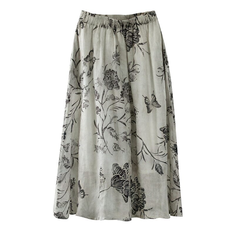 Retro Flower Print Loose Casual A-Line Linen Skirt