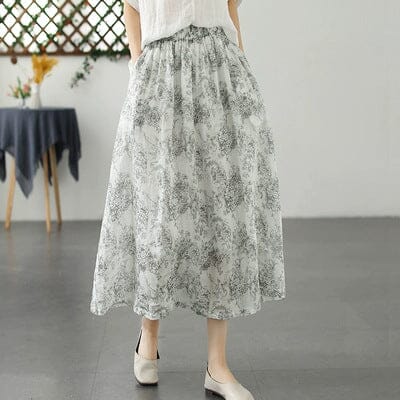 Retro Flower Print Loose Casual A-Line Linen Skirt