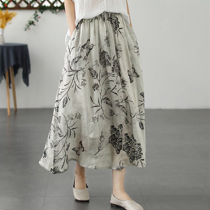 Retro Flower Print Loose Casual A-Line Linen Skirt
