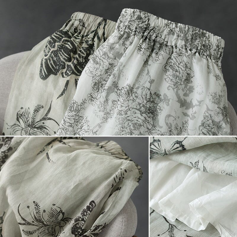 Retro Flower Print Loose Casual A-Line Linen Skirt